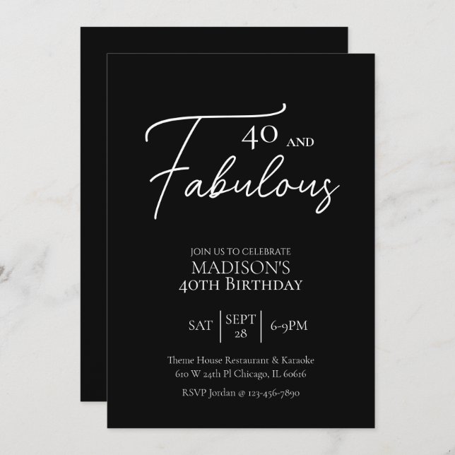 40 and Fabulous 40th Black & White Birthday Invitation (Front/Back)