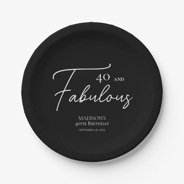 40 and Fabulous 40th Black & White Birthday Paper Plate (Front)