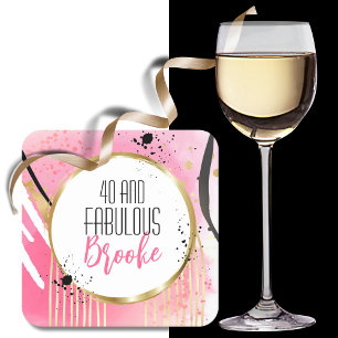 40 and Fabulous Abstract Hot Pink Black Gold Bold Square Paper Coaster