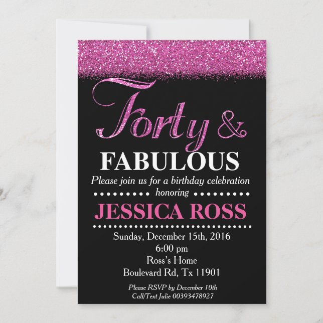 40 and fabulous birthday invitations pink glitter (Front)