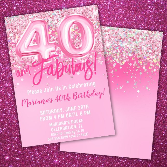 40 and Fabulous Birthday Pink Glitter Invitation (Creator Uploaded)