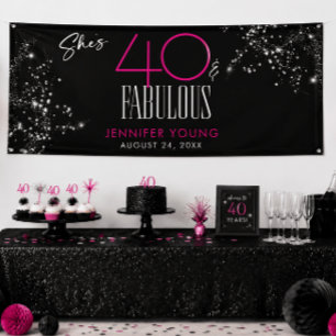 40 and Fabulous Black Pink Glam Sparkle Birthday Banner