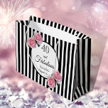 40 and fabulous black stripes pink florals name large gift bag<br><div class="desc">Classic slim black and white vertical stripes as background.  With girly,  feminine and romantic pink roses as decoration. Perfect for an elegant 40th birthday party for her. A white and black frame on front and back with templates for name and date. With the text: 40 and fabulous. Black letters</div>