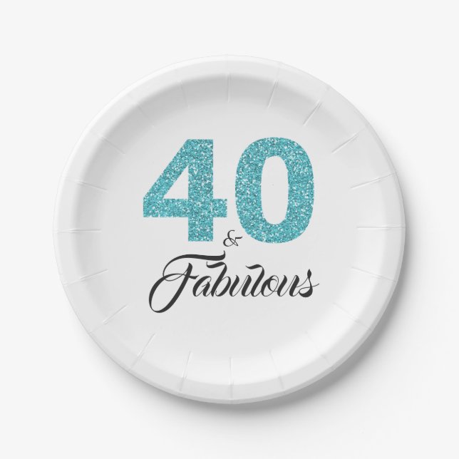 40 and Fabulous Blue Glitter Birthday Party Paper Plate (Front)