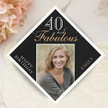 40 and Fabulous Elegant 40th Birthday Party Photo Napkin<br><div class="desc">40 and Fabulous Black Elegant 40th Birthday Party Photo Napkin. The inspirational 40 and fabulous is in modern white and golden script on a black background. Make your own 40th birthday party paper napkin for her. Personalize with your name and age number. Insert any of your photos into the template....</div>