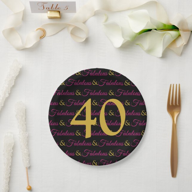 40 and Fabulous Elegant Birthday Hot Pink Black Paper Plate (Wedding)