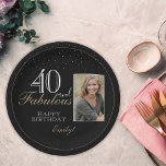 40 and Fabulous Elegant Black 40th Birthday Photo Paper Plate<br><div class="desc">40 and Fabulous Elegant Script Black 40th Birthday Photo Paper Plate. The design has a modern typography 40 and Fabulous,  Happy birthday text and the name in white and golden colours - personalize the plate. Insert your photo into the template and make your own special party plate.</div>