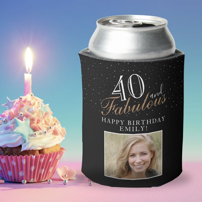 40 and Fabulous Elegant Script Photo 40th Birthday Can Cooler (Creator Uploaded)