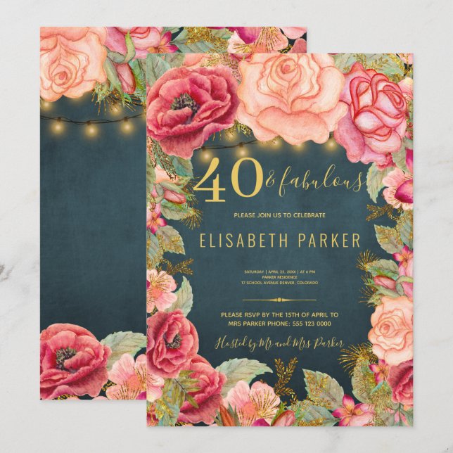 40 and fabulous floral elegant 40th birthday party invitation (Front/Back)