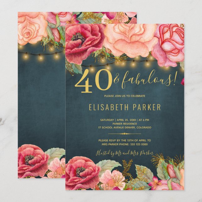 40 and fabulous floral stylish 40th birthday party invitation (Front/Back)