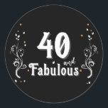40 and Fabulous Foliage 40th Birthday  Classic Round Sticker<br><div class="desc">40 and Fabulous Foliage 40th Birthday Stickers. 40 and fabulous text in trendy white script with a name and white foliage on a blackbackground. Personalize it with your age.</div>