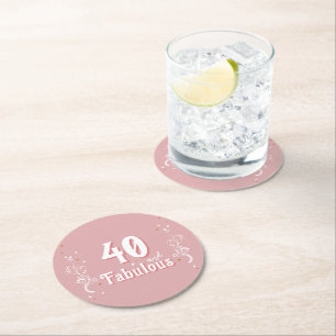 40 and Fabulous Foliage Pink 40th Birthday Round Paper Coaster