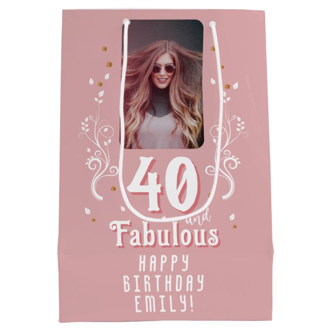 40 and Fabulous Foliage Pink Photo 40th Birthday  Medium Gift Bag (Back)