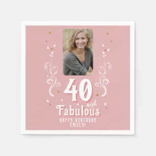 40 and Fabulous Foliage Pink Photo 40th Birthday Napkin