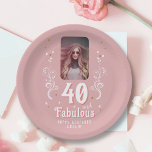 40 and Fabulous Foliage Pink Photo 40th Birthday  Paper Plate<br><div class="desc">40 and Fabulous Foliage Pink Photo 40th Birthday Party Paper Plates. 40 and fabulous text in trendy white script with a name and white foliage on a pink background. Personalize it with your photo,  your name and the age.</div>