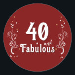 40 and Fabulous Foliage Red 40th Birthday  Classic Round Sticker<br><div class="desc">40 and Fabulous Foliage Red 40th Birthday Stickers. 40 and fabulous text in trendy white script with a name and white foliage on a red background. Personalize it with your age.</div>