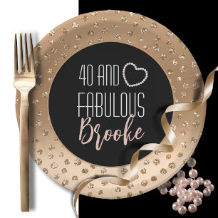 40 and Fabulous Girly Stylish Gold Black Blush  Paper Plate