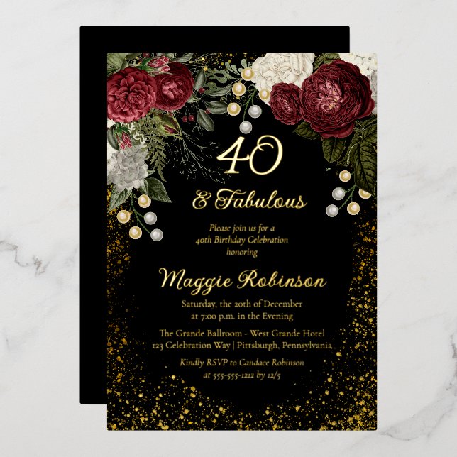 40 and Fabulous Glam Rose Floral Birthday Party (Front/Back)