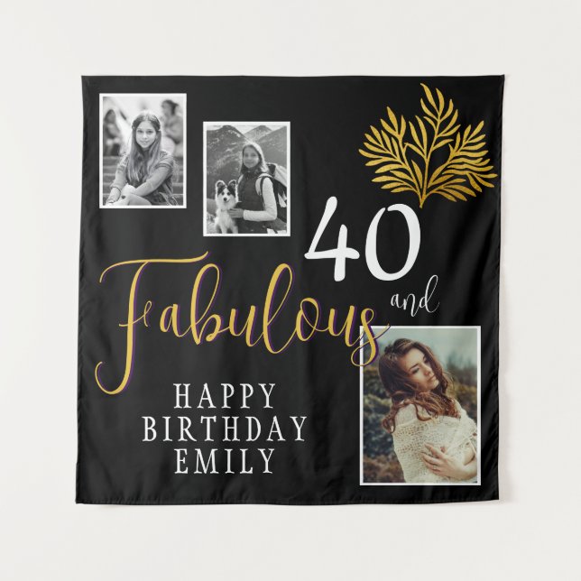 40 and Fabulous Gold Foliage 3 Photo Birthday  Tapestry (Front)