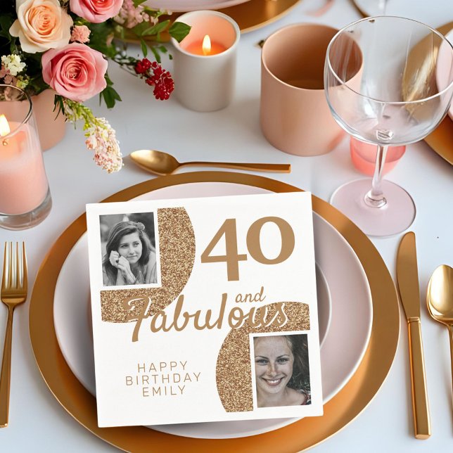 40 and Fabulous Gold Glitter 2 Photo 40th Birthday Napkin (Creator Uploaded)