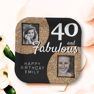 40 and Fabulous Gold Glitter 2 Photo 40th Birthday Paper Plate