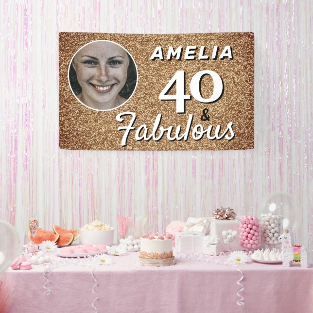 40 and Fabulous Gold Glitter 40th Birthday Photo  Banner (Party)