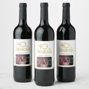 40 and Fabulous Gold Glitter 40th Birthday Photo Wine Label