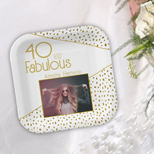 40 and Fabulous Gold Glitter Photo 40th Birthday  Paper Plate