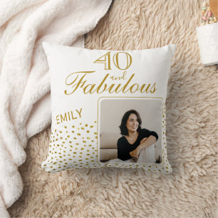 40 and Fabulous Gold Glitter Photo 40th Birthday Throw Pillow