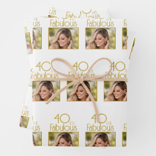 40 and Fabulous Gold White Photo 40th Birthday Wrapping Paper Sheet