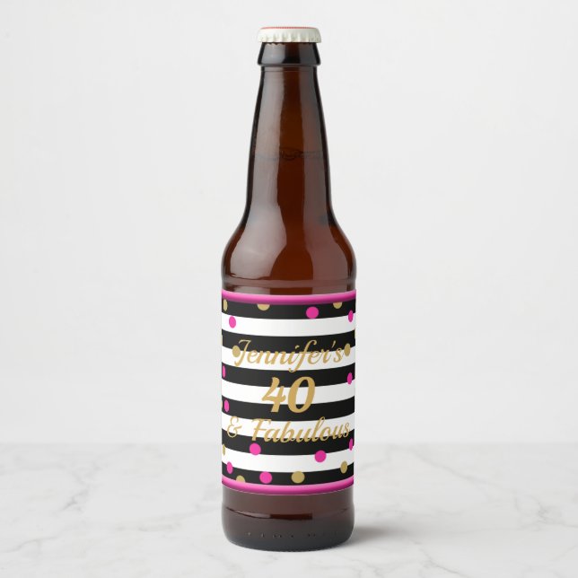 40 and Fabulous Hot Pink Black White Gold Beer Bottle Label (Front)