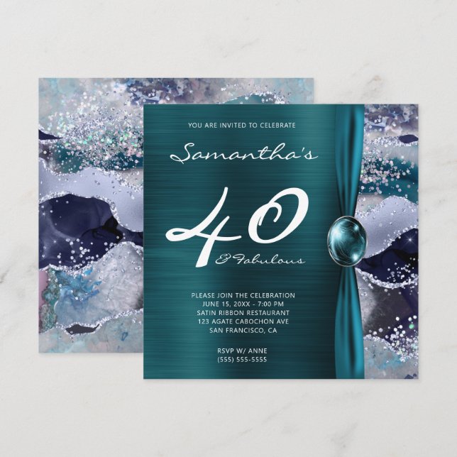 40 and Fabulous Ocean Blue Teal Agate Birthday Invitation (Front/Back)