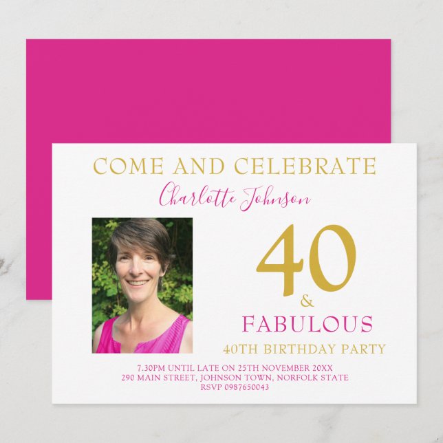 40 and Fabulous Photo Modern 40th birthday pink Invitation (Front/Back)
