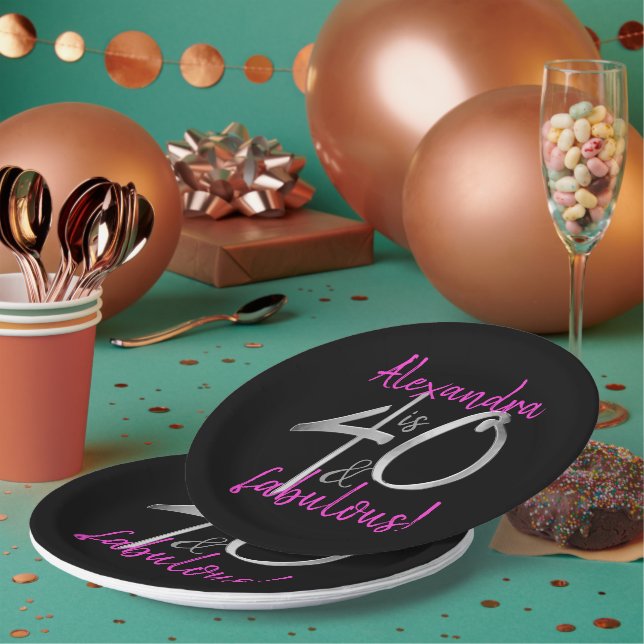 40 and Fabulous Pink and Black Personalized Paper Plate (Multi)