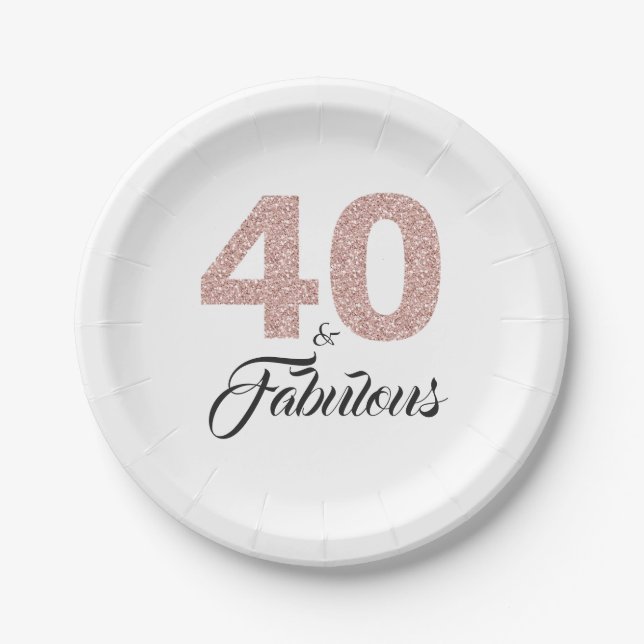 40 and Fabulous Pink Glitter 40th Birthday Party Paper Plate (Front)