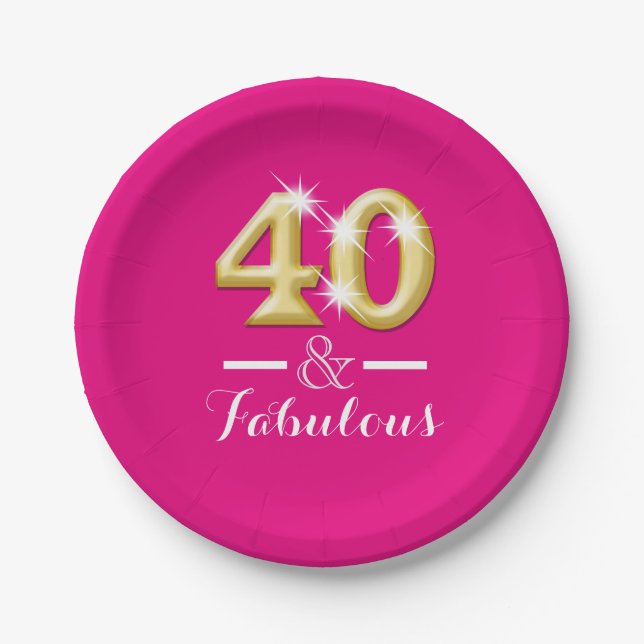 40 and fabulous pink gold birthday paper plate (Front)