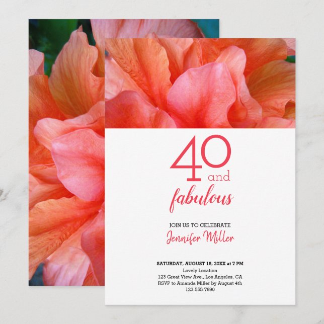40 and Fabulous Pink Orange Flower Photo Birthday Invitation (Front/Back)