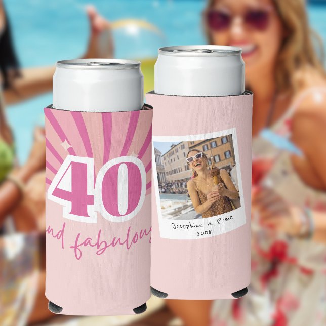 40 and fabulous pink photo birthday seltzer can cooler (40 and fabulous personalized photo can cooler, retro 40th birthday party gift)