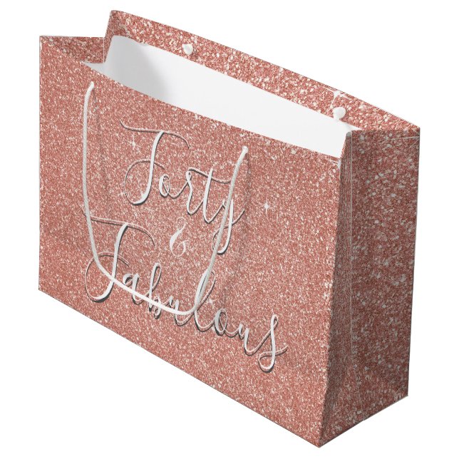 40 and Fabulous Rose Gold Blush Pink Glitter Large Gift Bag (Front Angled)