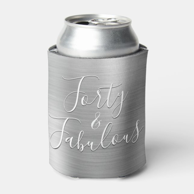 40 and Fabulous Rose Silver Modern Can Cooler (Can Front)
