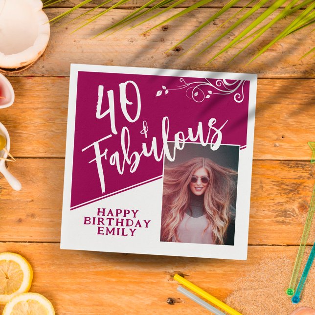 40 and Fabulous Script Photo Magenta 40th Birthday Napkin (Creator Uploaded)