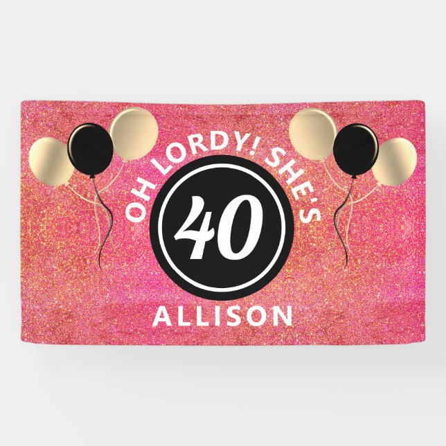 40 Birthday Pink Glitter Balloons Personalized Banner (Horizontal)