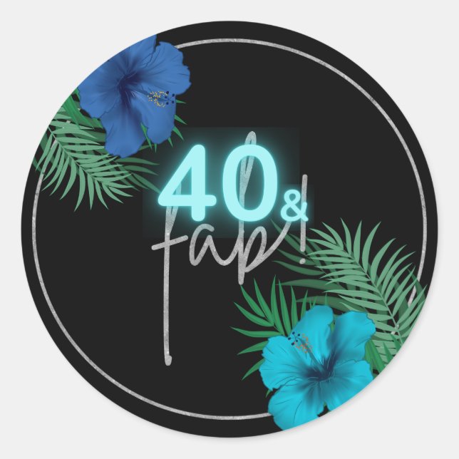 40 & Fab Neon Blue Silver Black Tropical Birthday Classic Round Sticker (Front)