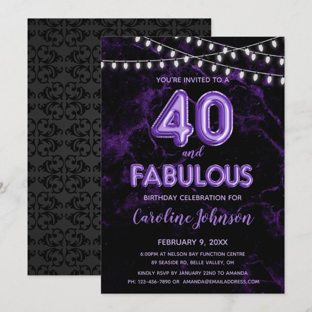 40 & Fabuleux Balloon violet Invitations d'anniver (Devant / Derrière)