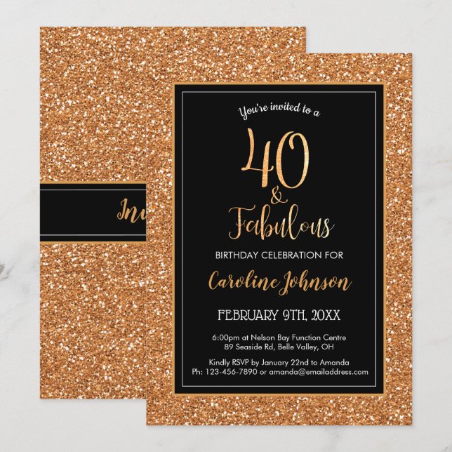 40 & Fabulous Birthday Black Gold Glitter Invitation (Front/Back)