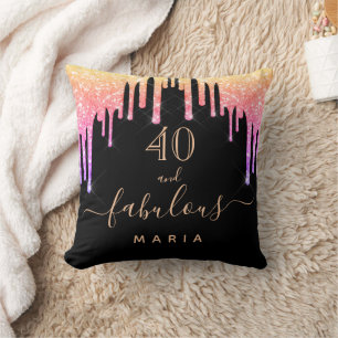 40 fabulous birthday black pink gold glitter drips throw pillow