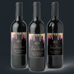 40 fabulous birthday black pink gold glitter drips wine label<br><div class="desc">A trendy and glamourous 40th birthday label. A classic black background decorated with rainbow coloured faux glitter drips, paint dripping look in purple, pink and rose gold. With the text: 40 and fabulous. Personalize and add a name and a date. Date of birth or the date of the party. Golden...</div>