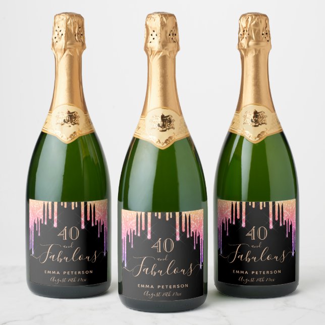40 fabulous birthday black pink gold glitter sparkling wine label (Bottles)