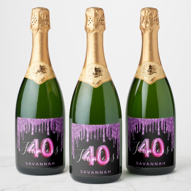 40 Fabulous birthday black purple glitter glam Sparkling Wine Label (Bottles)