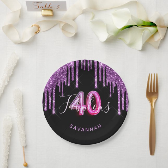 40 Fabulous birthday black purple glitter sparkle Paper Plate (Wedding)